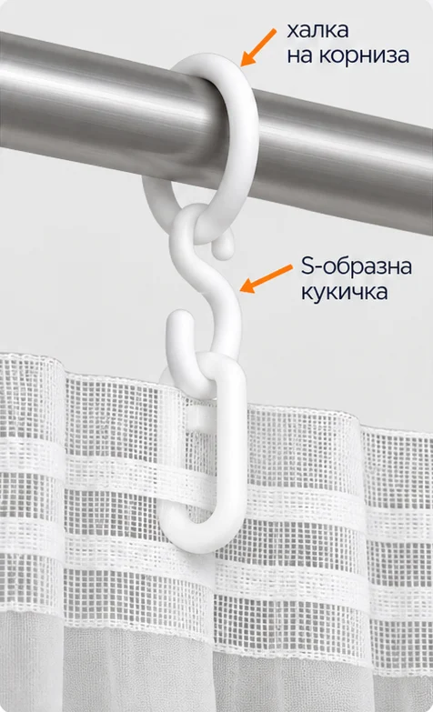 Окачване на перде с ширит на тръбен корниз с халки и S-образна кукичка